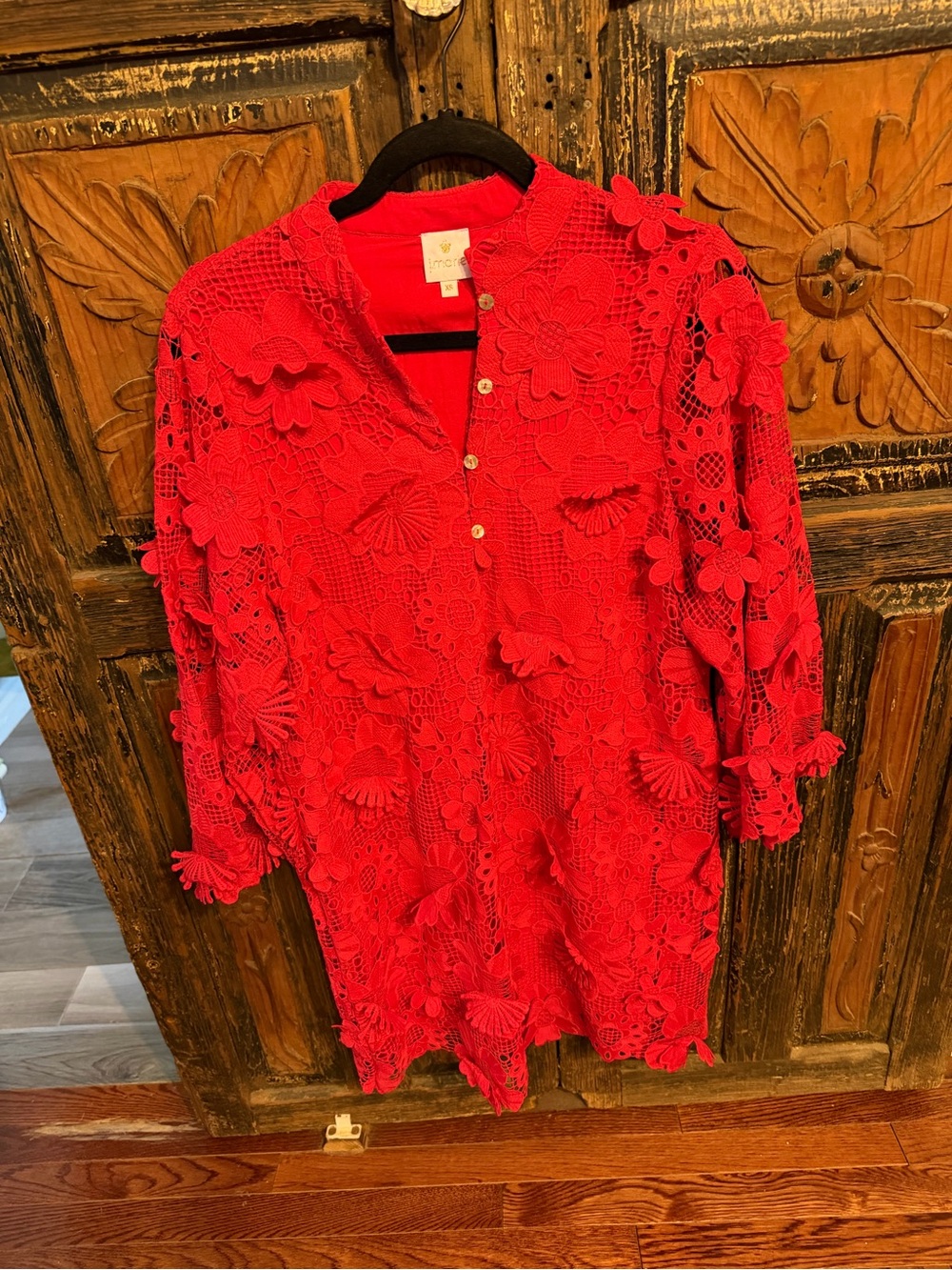 Red Floral Midi Dress - Women's Elegant Lace Overlay